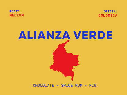 Alianza Verde coffee: medium roast from Colombia with flavors of chocolate, spice rum, and fig.